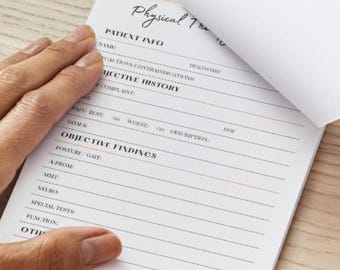 May include: A pad of white paper with the words "Physical Therapy" at the top. The pad is being opened to reveal a blank page. The Post-it brand logo is in the upper left corner.