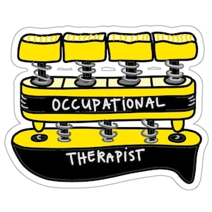 Könnte beinhalten: Ein gelber und schwarzer Aufkleber mit einer Cartoon-Abbildung eines handbetriebenen Federmechanismus. Das Gerät hat vier gelbe Knöpfe mit Federn und den Text "OCCUPATIONAL THERAPIST" unten.