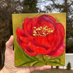 Impasto Peony Oil Painting: Small Floral Art, 6x6 Original Artwork