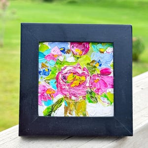 Impasto Roses Oil Painting: Miniature Floral Art, 3x3 Framed