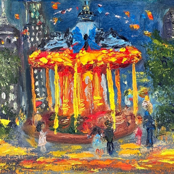 Carousel Painting Bryant Park Original Art Impasto Oil Painting Fine Art Small Artwork 10"x8" by ArtMazeau