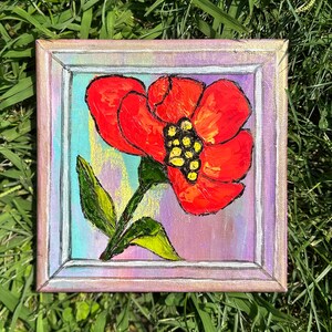 Impasto Poppy Painting: Original Floral Oil Artwork, Small Art 8x8