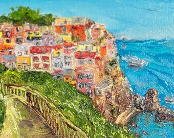 Manarola Painting Italy Original Art Impasto Oil Painting 5"x7" Seascape Art Landscape Small Artwork by ArtMazeau
