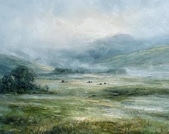 Scottish Highlands Oil Painting, Misty Green Hills Landscape, Original Impasto Art, Palette Knife Painting, Calm Neutral Wall Decor