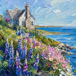 May include: An impressionistic painting of a coastal cottage with a stone chimney, set on a hillside overlooking the ocean. The foreground is filled with vibrant blue, purple, and pink wildflowers, under a textured blue sky.
