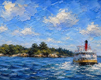 Coastal Ferry Oil Painting, Original Impasto Seascape Art, Palette Knife Ocean Painting, Maine Island Ferry, Heavy Texture Wall Decor