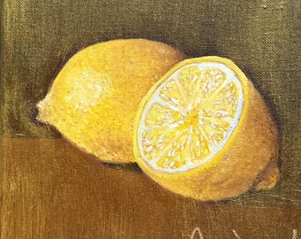 Lemon Oil Painting: Original Still Life Kitchen Art, 8x8