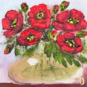 Impasto Poppy Oil Painting: Original Floral Art with Gold Leaf, 8x8