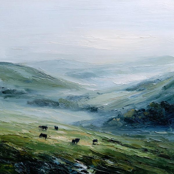 Original Irish Misty Morning Oil Painting: Green Hills Impasto Art