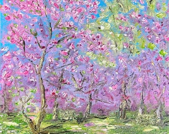 Impasto Magnolia Oil Painting: Blooming Trees Original Art