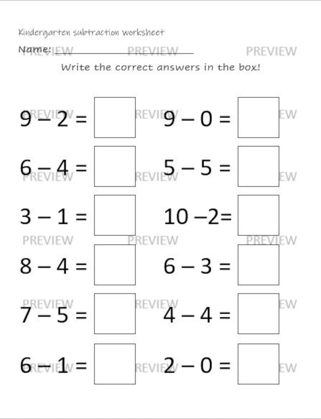 Kindergarten Subtraction Worksheet Etsy