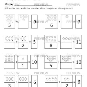 May include: Black and white worksheet for kindergarten students to practice addition. The worksheet features images of apples, baseballs, moons, stars, fish, and circles. The worksheet includes the text "Kindergarten addition worksheet", "Name:", "Fill in the box with the number that completes the equation!" and the numbers 5, 6, 9, 7, 2, 8, 11, 1, 10, 3, and 6.