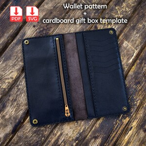 Patrón de billetera de cuero alta, billetera grande para tarjetas de dinero y teléfono celular, billetera con bolsillo con cremallera, plantilla svg y pdf, cuero DIY