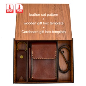 Patrón de set de regalo de cuero, patrón de pitillera, pulsera y llavero, además de patrón de caja de madera y patrón de caja de regalo de cartón, pdf y svg