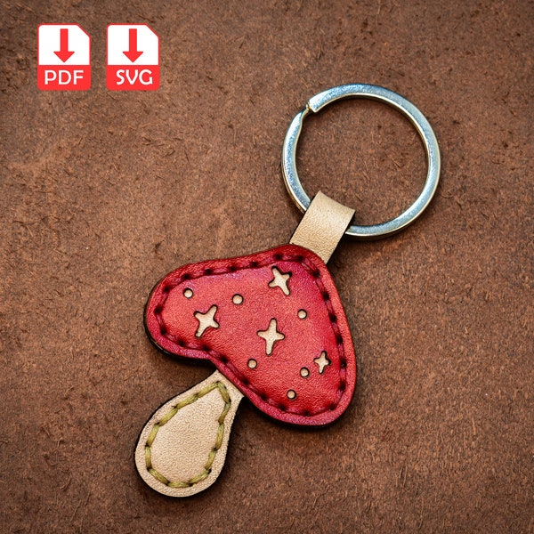 leather mushroom keychain pattern in pdf and svg. leather keyring pattern, mushroom template, fung stitching pattern, DIY leather keychain