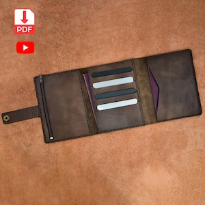 molde de porta-passaporte, capa de couro para 2 passaportes e cartões, bolso com zíper, artesanato em couro faça você mesmo, svg/pdf/dxf/ai/cdr, tutorial em vídeo
