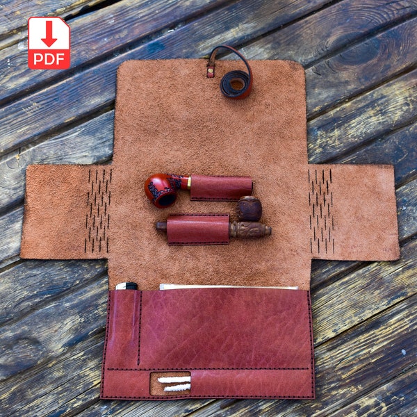 leather pipe pouch pattern, with tobacco and accessory pocket, pipe holder template, design for 2 pipe, for manual work and laser machine