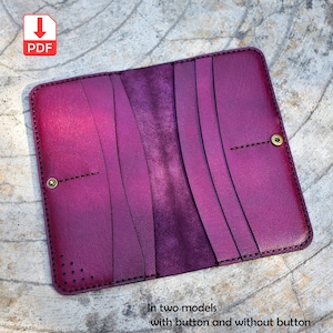 Patrón cartera larga de piel, cartera larga de mujer, en dos diseños con botones y sin botones, cartera alta, svg y pdf, bricolaje de cuero