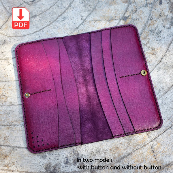 Long leather wallet pattern, women's long wallet, in two designs with buttons and without buttons, tall wallet, svg and pdf, leather DIY