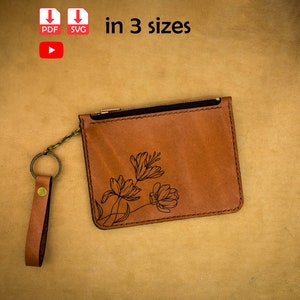 Patrón de bolsa de cuero con cremallera con grabado floral, patrón de billetera de 3 tamaños, bolsa de cosméticos, bolsa organizadora, artículos de tocador con cremallera, bolsa de cuero DIY