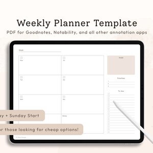 May include: A weekly planner template for digital note-taking apps like Goodnotes and Notability. The template features a weekly calendar grid, a section for goals, priorities, and to-dos, and a note-taking area. The template is designed for Monday and Sunday start weeks.