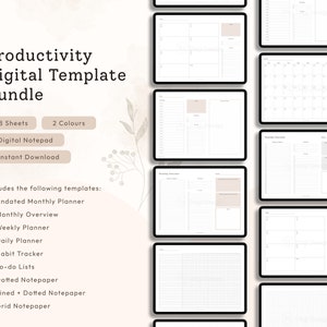 以下が含まれることがあります： 28枚のシートと2色のオプションがついたデジタル生産性プランナーバンドル。バンドルには、日付なしの月間プランナー、月間概要、週間プランナー、日々のプランナー、習慣トラッカー、やることリスト、ドットノートペーパー、ラインとドットのノートペーパー、グリッドノートペーパーが含まれています。