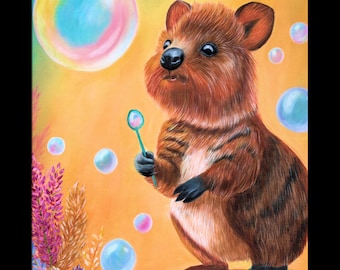 Quokka Bubbles Oil Painting, Whimsical Animal Art, Framed Print