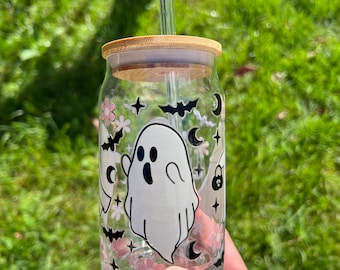 Halloween Ghost Glass Can with Bamboo Lid & Straw