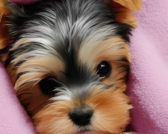 May include: A small Yorkshire Terrier puppy with black, white and brown fur is peeking out from a pink blanket. The puppy has big brown eyes and a cute, button nose. The text "Yorkie Chic" is written in gold lettering on a circle in the bottom right corner of the image.