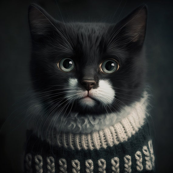 Tuxedo Cat With Small White Face Wearing a Knitted Sweater Etsy