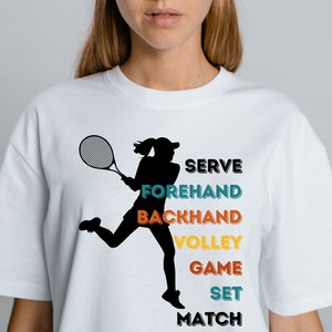 Vintage Tennis Player Unisex Jersey Short Sleeve Tee (Serve, Forehand, Backhand, Volley, Game, Set, Match, Women&#39;s Tennis)