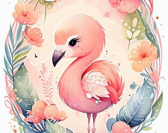 Watercolor cute flamingo gift for home, wall art for nursery, pink floral wall art for living room bathroom wall art gift for toddler