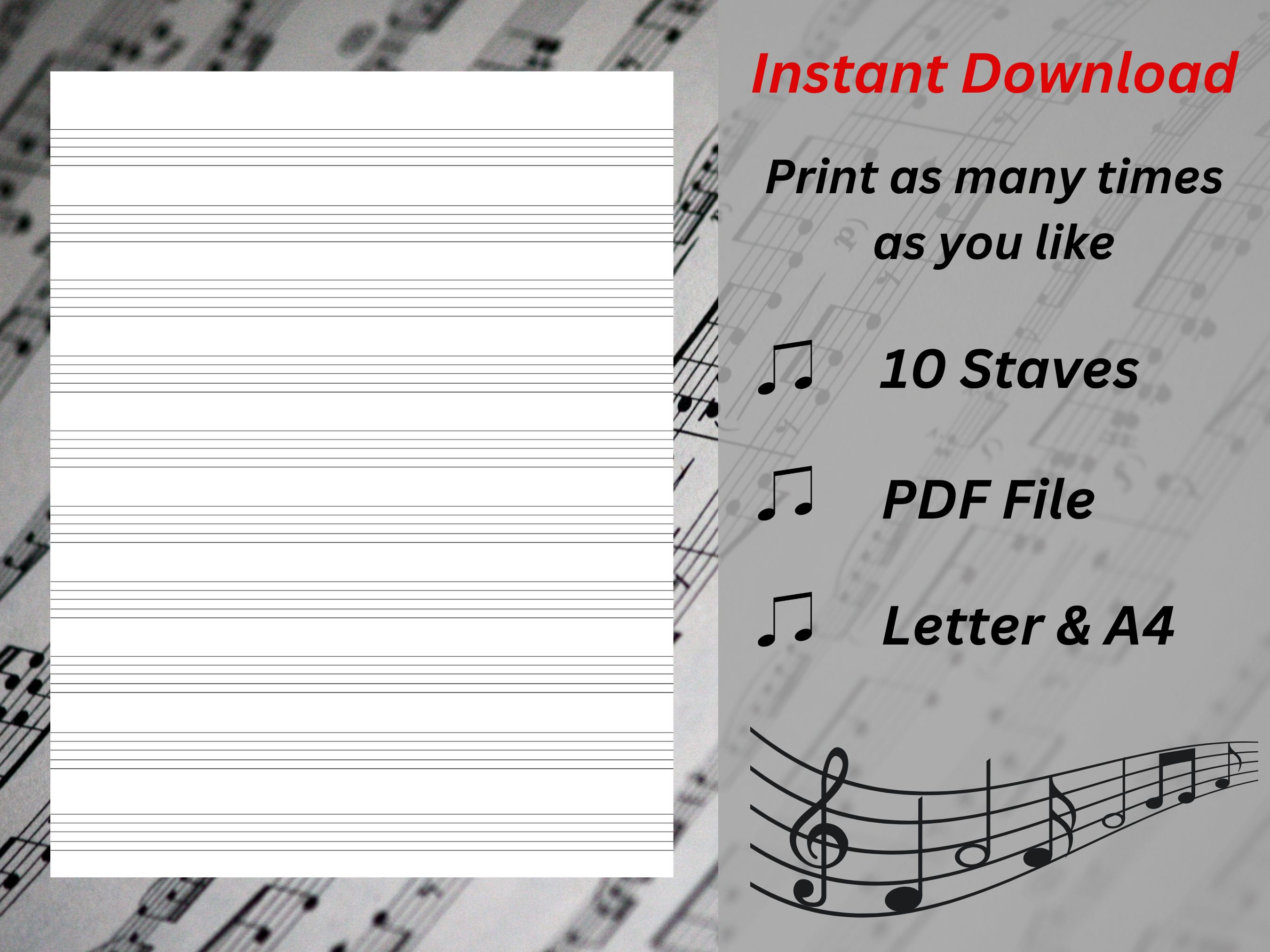 Printable Sheet Music, Manuscript Paper, 10 Staff, A4 and Letter Size, Digital File Available ...