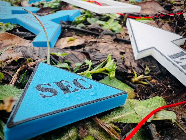 Pu&ograve; includere: Un cartello triangolare blu con la parola "SEC" stampata in lettere nere. Il cartello &egrave; sdraiato su un letto di foglie marroni e piante verdi.