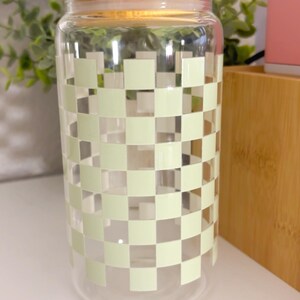 Checkered Glass Iced Coffee Cup With Bamboo Lid & Straw - Etsy
