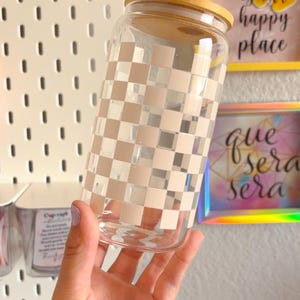 Checkered Glass Iced Coffee Cup With Bamboo Lid & Straw - Etsy