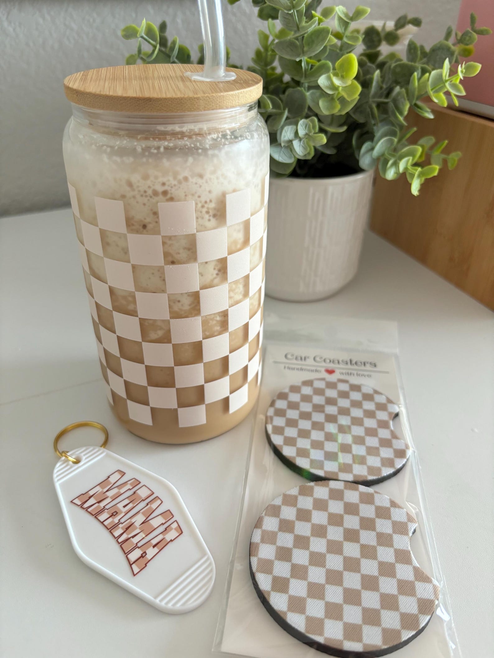Checkered Glass Iced Coffee Cup With Bamboo Lid & Straw - Etsy