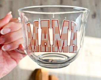 Mama Checkered Glass Mug, Coffee Lover Gift