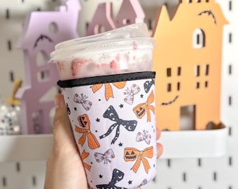 Halloween Neoprene Cup Sleeve, Bows & Jack-o'-lanterns, Iced Coffee Coozie