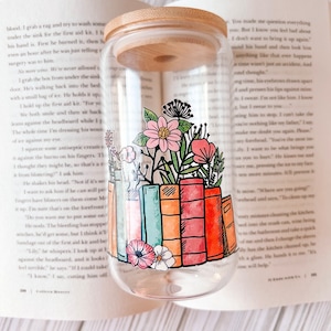 Floral Book Stack Glass Cup with Bamboo Lid - Book Lover Gift