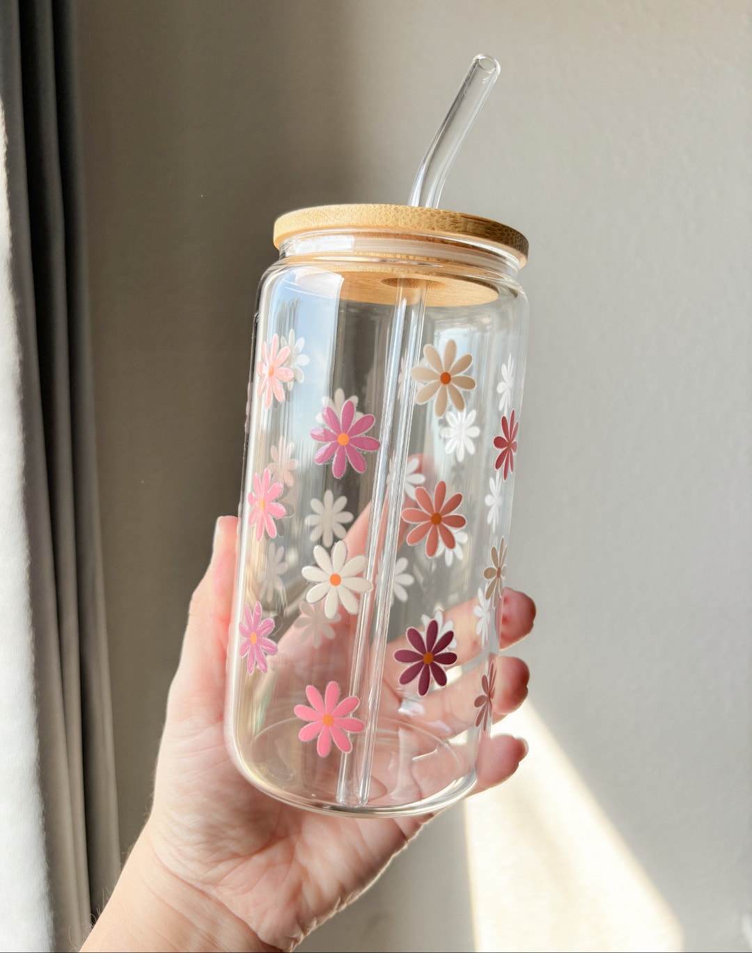 Daisy Iced Coffee Glass Cup: Floral Wrap, Bamboo Lid - Etsy