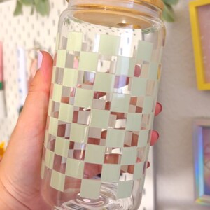Checkered Glass Iced Coffee Cup With Bamboo Lid & Straw - Etsy