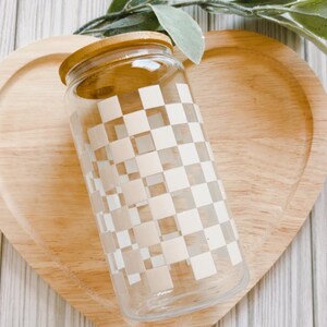 Checkered Glass Iced Coffee Cup With Bamboo Lid & Straw - Etsy