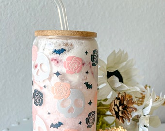 Halloween Sugar Skull Glass Cup with Bamboo Lid