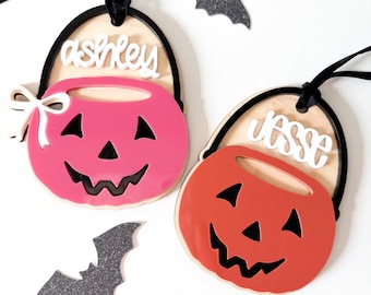 Personalized Halloween Basket Tag: Maple & Acrylic Boo Basket Decor