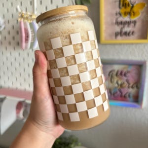 Checkered Glass Iced Coffee Cup With Bamboo Lid & Straw - Etsy