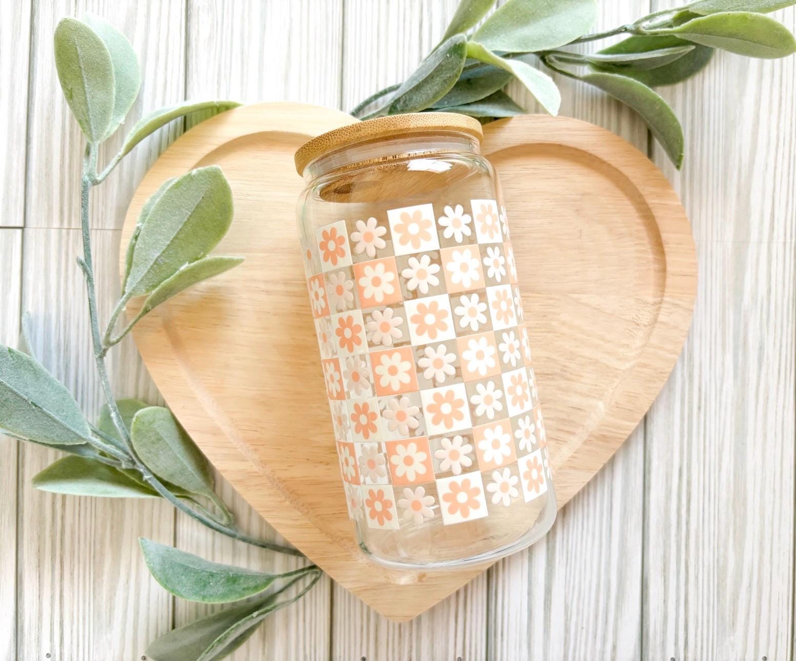 Checkered Daisy Iced Coffee Cup: Libbey Glass With Bamboo Lid - Etsy