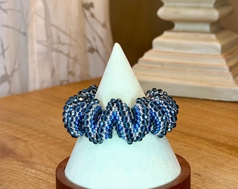 Handmade Blue Crystal Statement Bracelet –Beaded Spiral Bracelet – Blue and Silver Handwoven Coil Cuff with Toggle Clasp, Gift for He