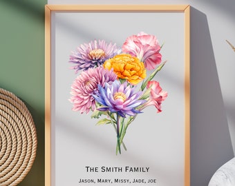 Family Birth Flower Bouquet, Custom Flower Art, Custom Floral Family Portrait, Personalized Mother&#39;s Day Gift Printable, Grandma&#39;s Garden