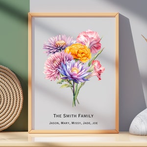 Familie Geburt Blumenstrauß, individuelle Blumen Kunst, individuelle Blumen Familien Porträt, personalisierte Muttertag Geschenk druckbar, Omas Garten